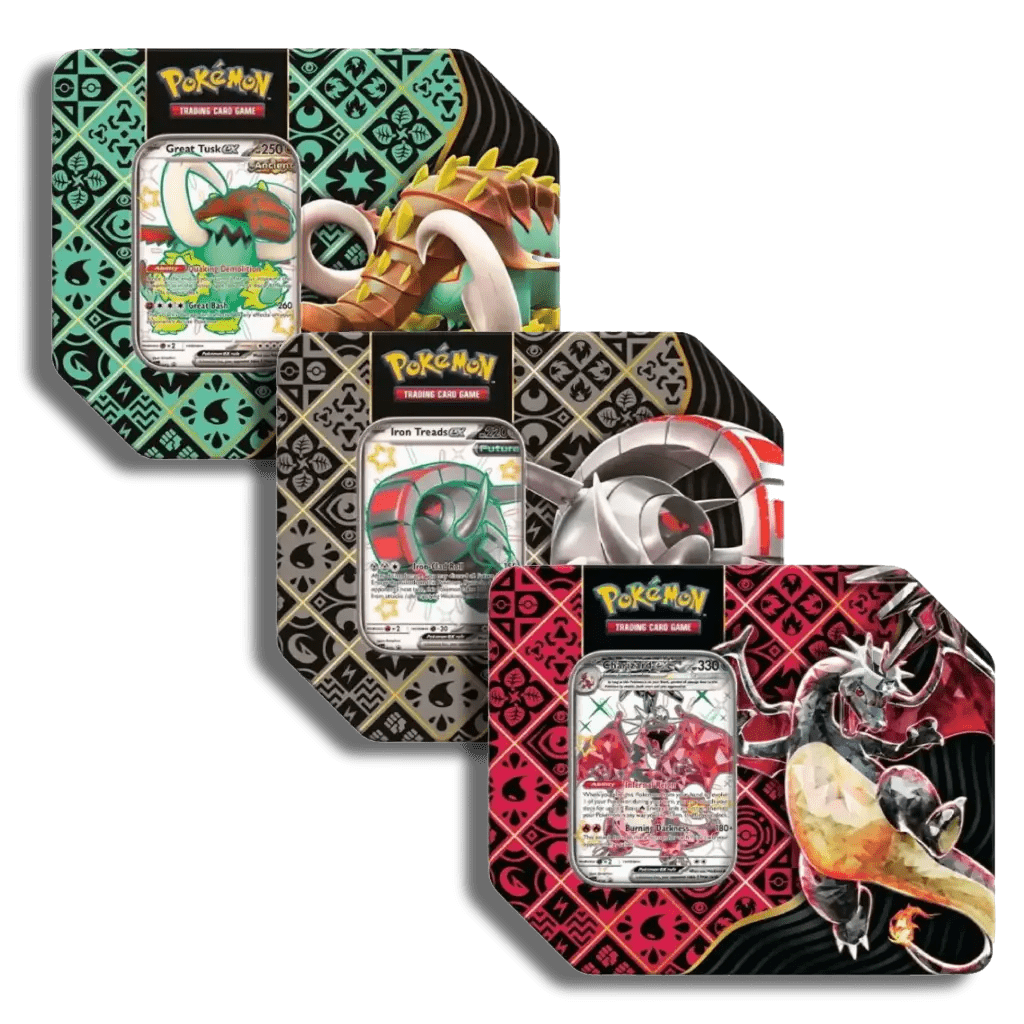 Pokemon Paldean Fates 5 Booster Tin (Charizard, Great Tusk, Iron Treads)