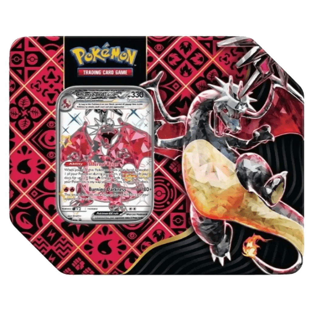 Pokemon Paldean Fates 5 Booster Tin (Charizard, Great Tusk, Iron Treads)